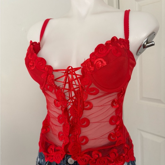 Lily  Red Lace-Up Sheer Top - Picture 5 of 15